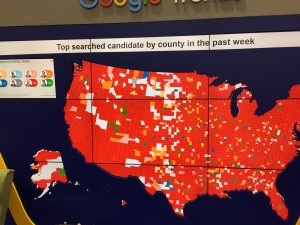 A map reflecting the county-by-county searches for each candidate. The red represents Donald Trump. (Photo by Kyle VonEnde)