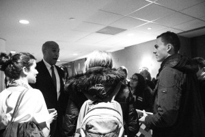 Joe Reid, Shani Rosenstock and NAME? interview Sen. Cory Booker at the MacIntyre-Shaheen event. Photo by Anna Sortino. 