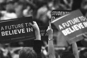 Supporters hold up signs during Sen. Bernie Sander's speech at the Verizon Center. Photo by Anna Sortino. 