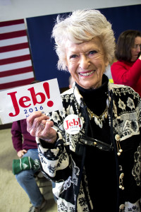 Aileen Bott, 92, proudly displays her support for former governor Jeb Bush. "[The Bush family] has done nothing but good," she said. Photo by Anna Sortino. 