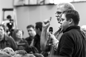 A man asks the first question at former governor Jeb Bush's town hall. Photo by Anna Sortino. 