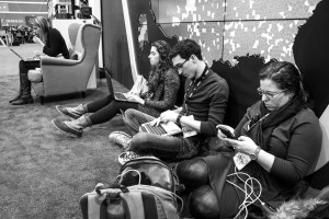 Professor Giddins Pergram, Kyle VonEnde, Brenna Crombie and Shani Rosenstock tweet from the spin room at the Republican Debate. Photo by Anna Sortino. 