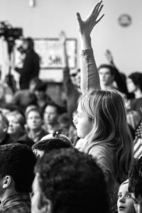 A young girl raises her hand to ask Sen. Marco Rubio a question. Photo by Anna Sortino. 