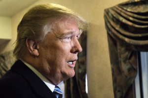 Donald Trump being interviewed on his way out of his hotel. Photo by Anna Sortino. 