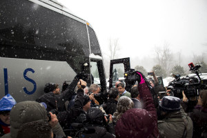 The press gaggles around Governor Christie as he boards his bus. Photo by Anna Sortino. 