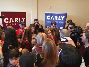 Carly Fiorina mingles with her supporters following her speech at her Super Bowl pre-watch party. Photo by Courtney Paul.