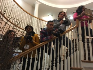 From left: Alaina Monismith, Brynn Freeland, Lucas Bejarano, Tod Didier, Lauren Green await Donald Trump and family in the lobby of a hotel before they depart for the Republican presidential debate. Photo by Gary LaBella 