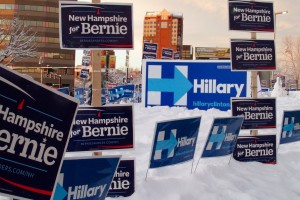 Campaign signs outside the Verizon Center before at the McIntyre-Shaheen 100 Club Celebration in   downtown Manchester. Photo by Mary-Margaret Koch