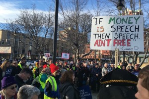 Attendees to the NH Rebellion rally as Lawrence Lessig speaks on the importance of getting big money out of politics.