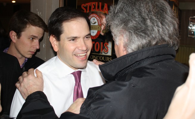 Senator Marco Rubio greets supporters at a rally at the Barley House Restaurant and Tavern in Concord, NH on Monday. Photo by Sharon Lee.