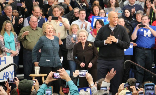 Former Secretary of State Hillary Clinton with Former Secretary of State Madeleine Albright and Sen. Cory Booker (D-N.J.) at Clinton event in Bedford. Photo by Matt Waskiewicz