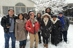 Students gather in the snow before heading out to cover the candidates in New Hampshire's run-up to the primary. Photo by Gary Labella